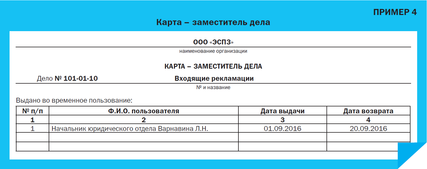 Карта заместитель дела образец заполнения